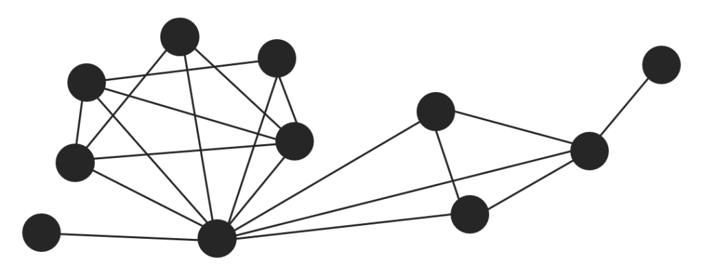 A geometric network diagram featuring multiple interconnected nodes represented by black dots and lines.